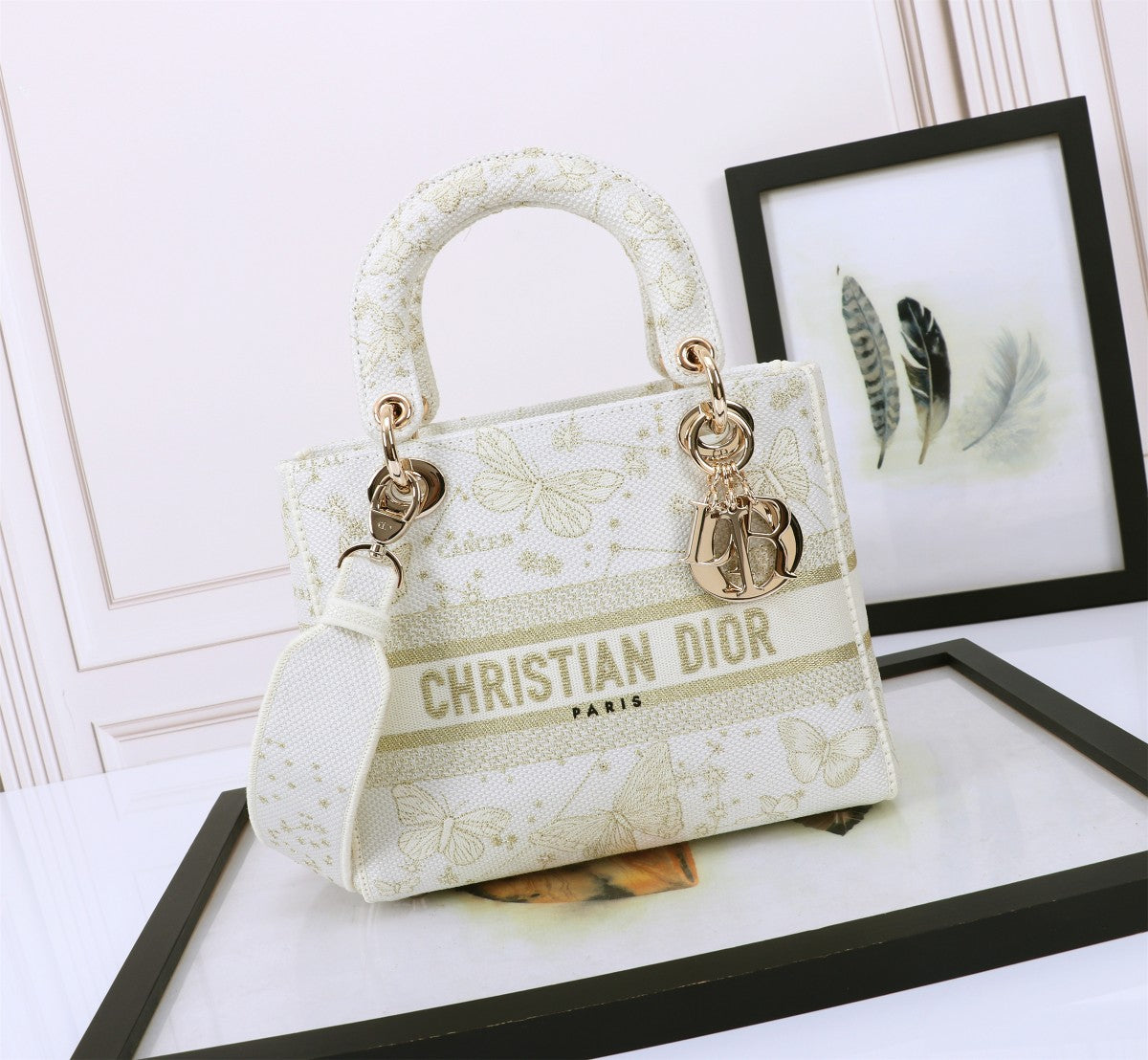 Christian Dior Medium Lady D-Lite Bag White Butterfly Embroidery