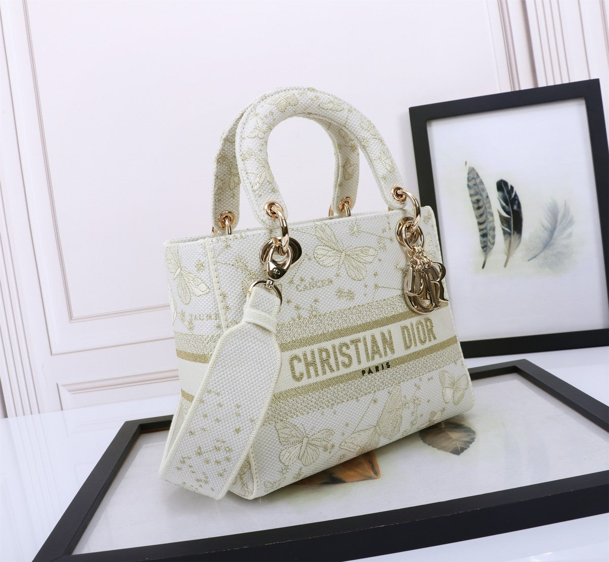 Dior Elegant Off-White Butterfly Embroidered Top Handle Handbag