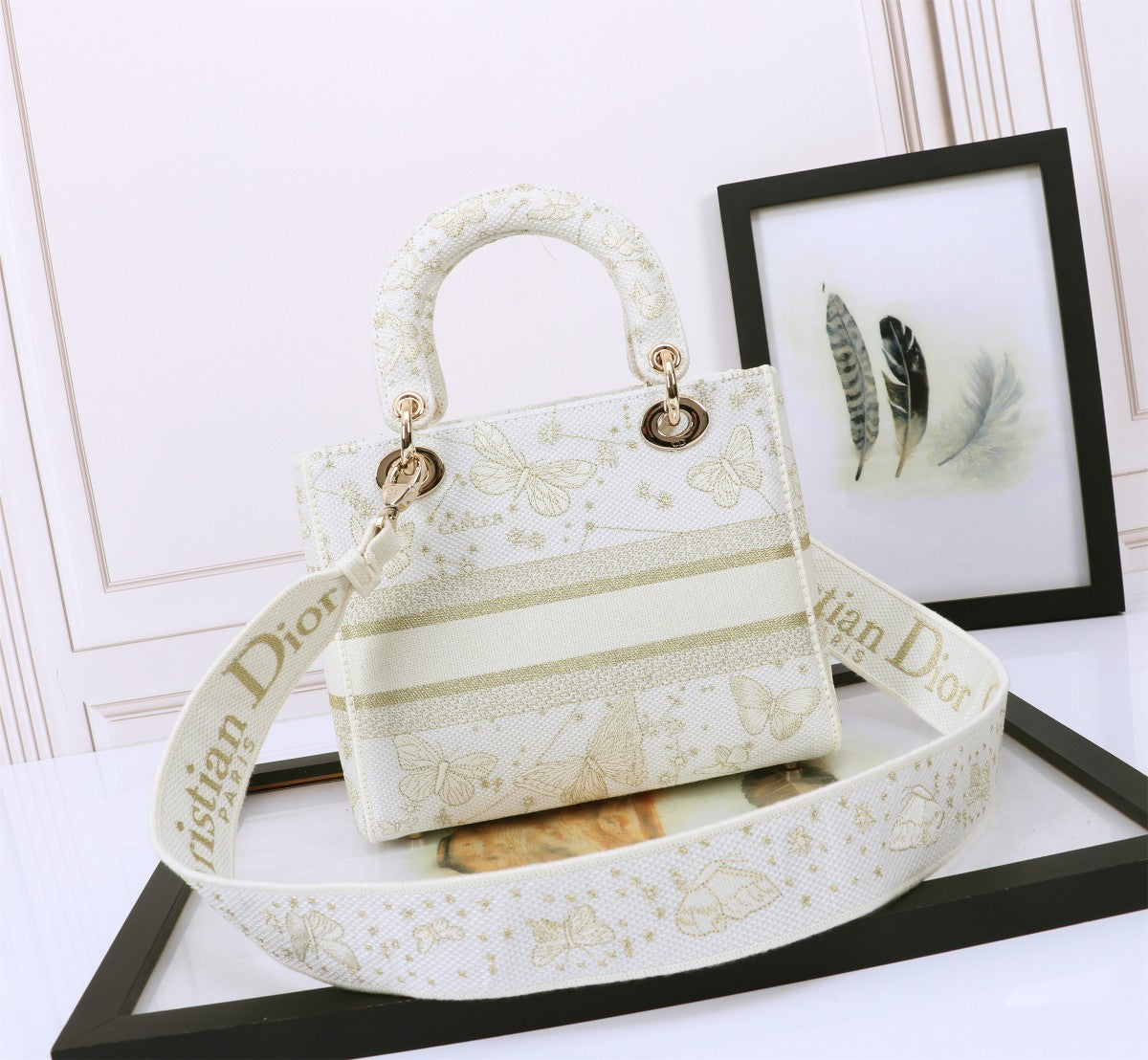 Dior Elegant Embroidered Canvas Top-Handle Handbag with Shoulder Strap