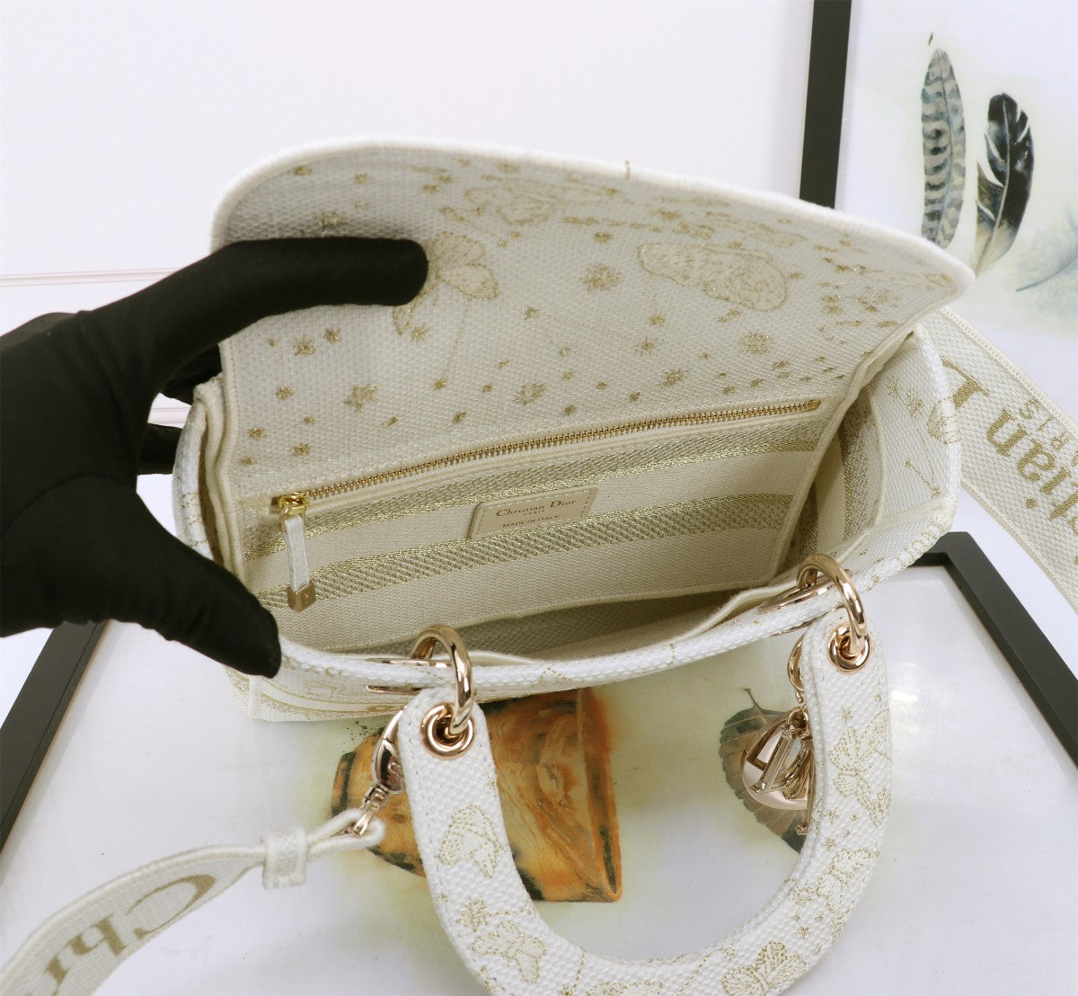 Christian Dior Lady D-Lite Bag White Butterfly Embroidery