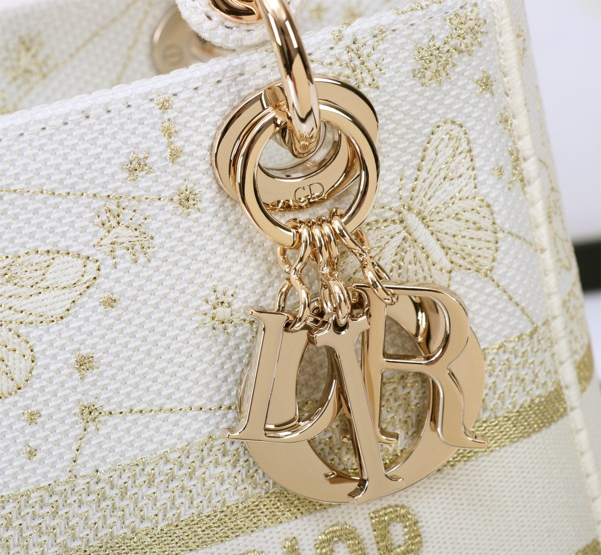 Dior Elegant Off-White Butterfly Embroidered Top Handle Handbag
