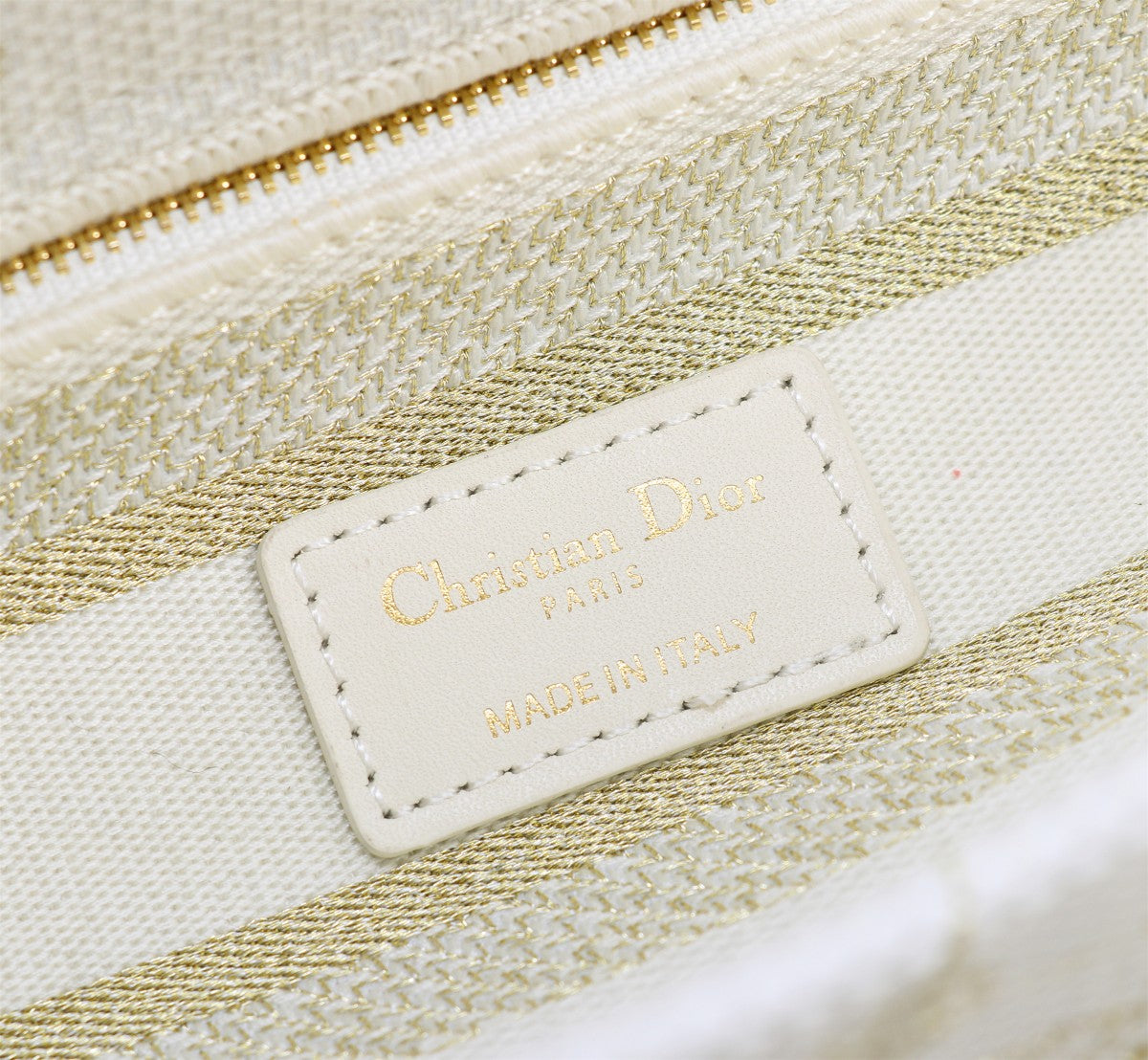 Dior White and Gold Embroidered Canvas Top Handle Handbag with Strap