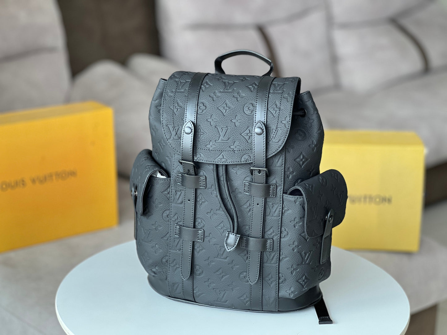 Louis Vuitton Matte Black Embossed Leather Designer Style Utility Backpack