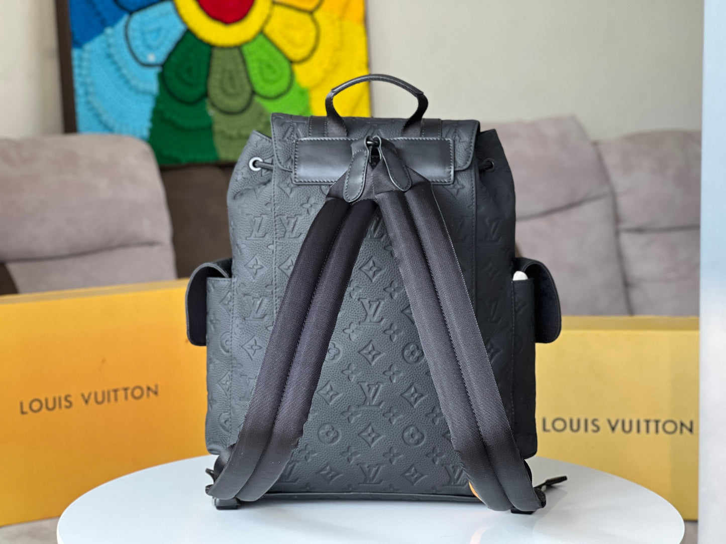 Louis Vuitton Matte Black Embossed Leather Designer Style Utility Backpack