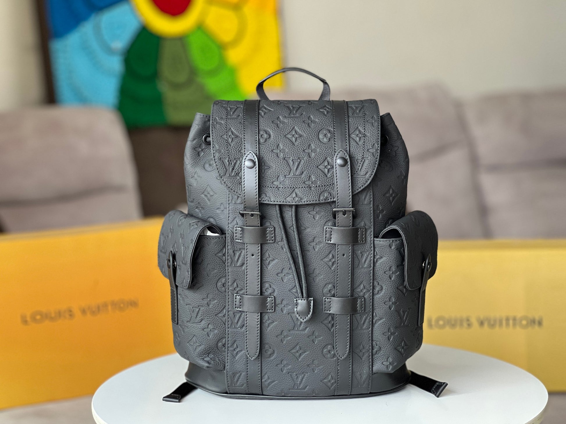 Louis Vuitton Matte Black Embossed Leather Designer Style Utility Backpack