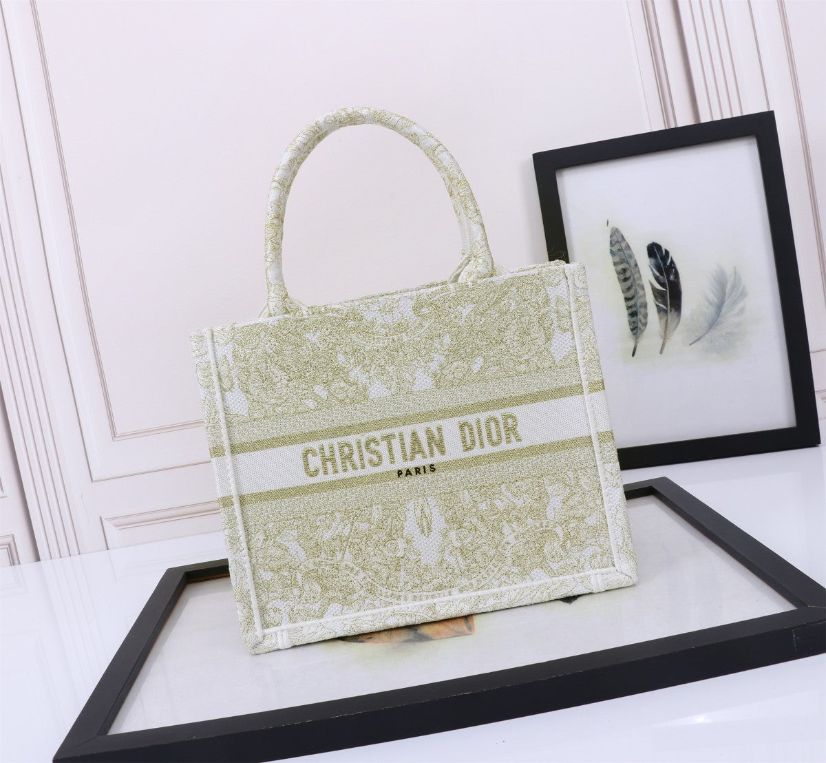 Christian Dior Small Book Tote Green and White Toile de Jouy Embroidery