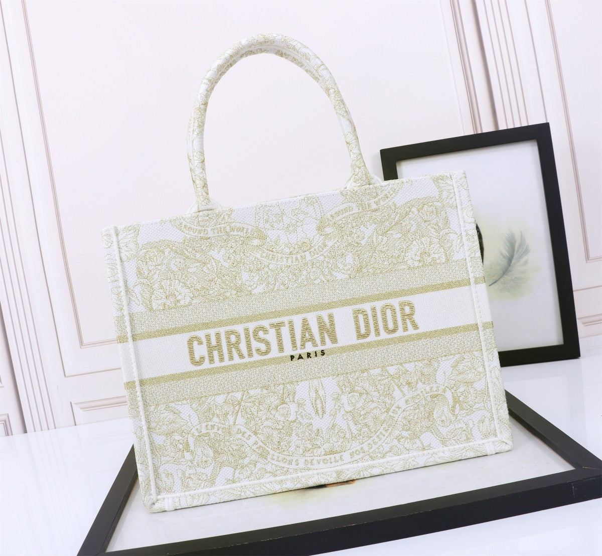 Christian Dior Large Book Tote - White and Gold Toile de Jouy Embroidery