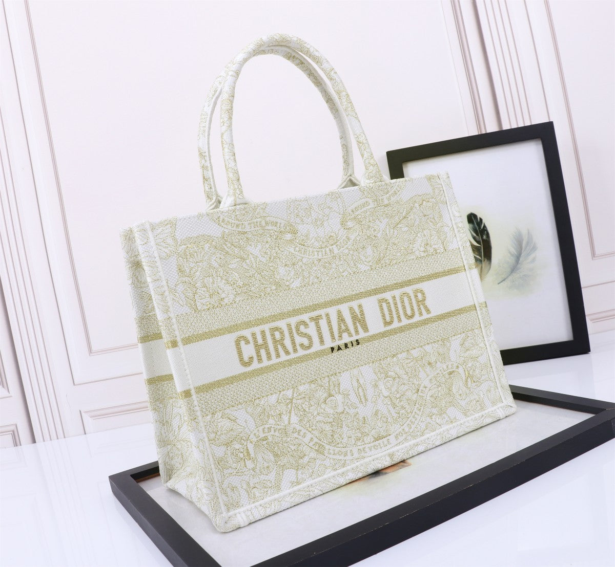 Dior Elegant Floral Embroidered Canvas Tote Bag with Top Handles