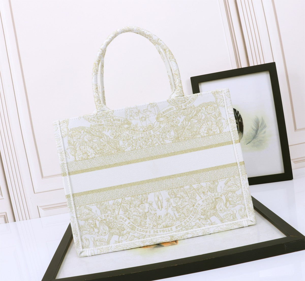 Dior Elegant Floral Embroidered Canvas Tote Bag with Top Handles