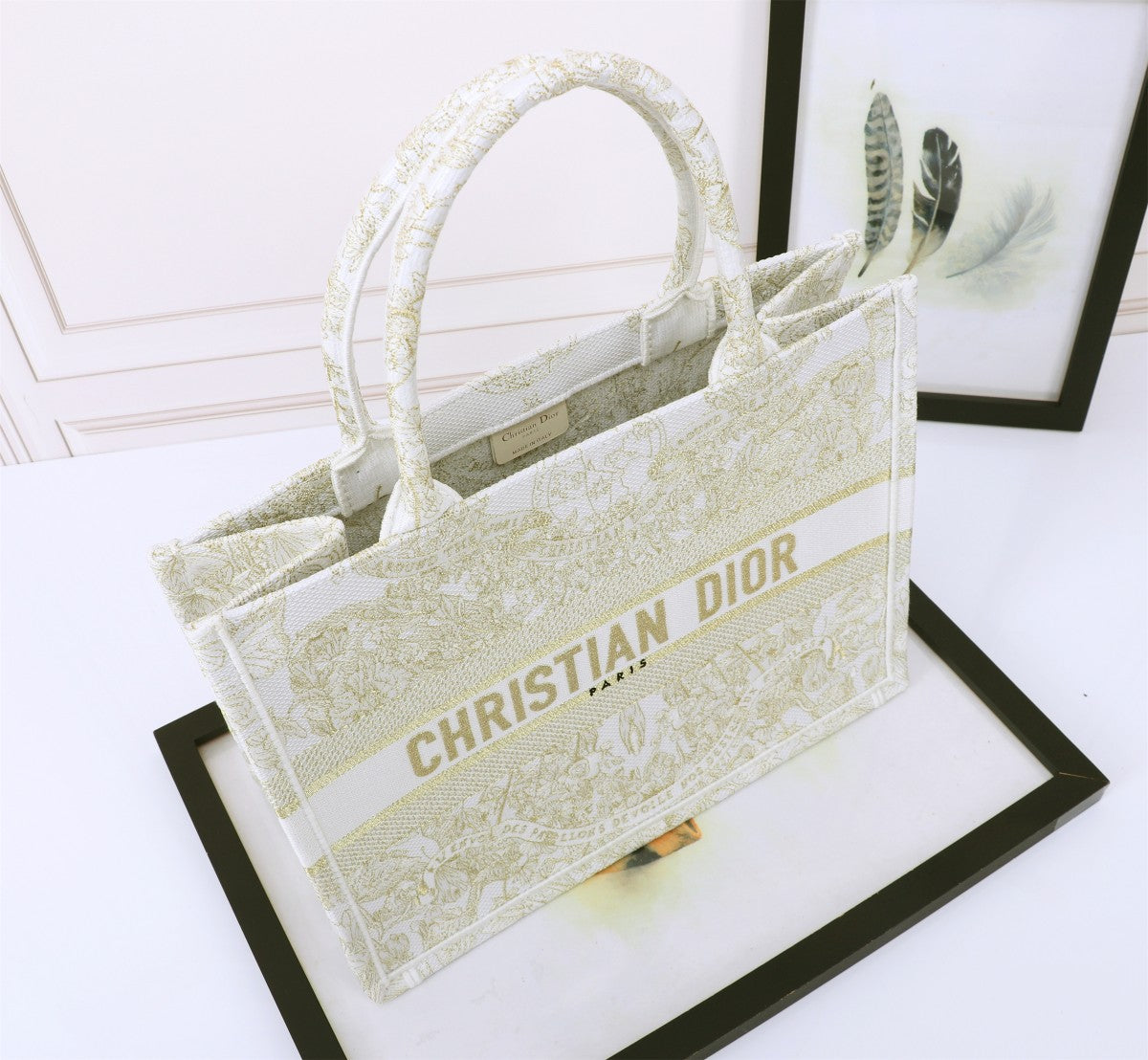 Dior Elegant Floral Embroidered Canvas Tote Bag with Stripe Detail