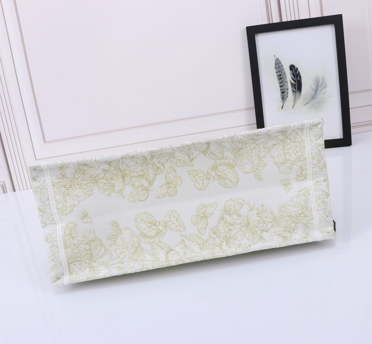 Dior Elegant Cream and Gold Floral Embroidered Canvas Book Tote Bag