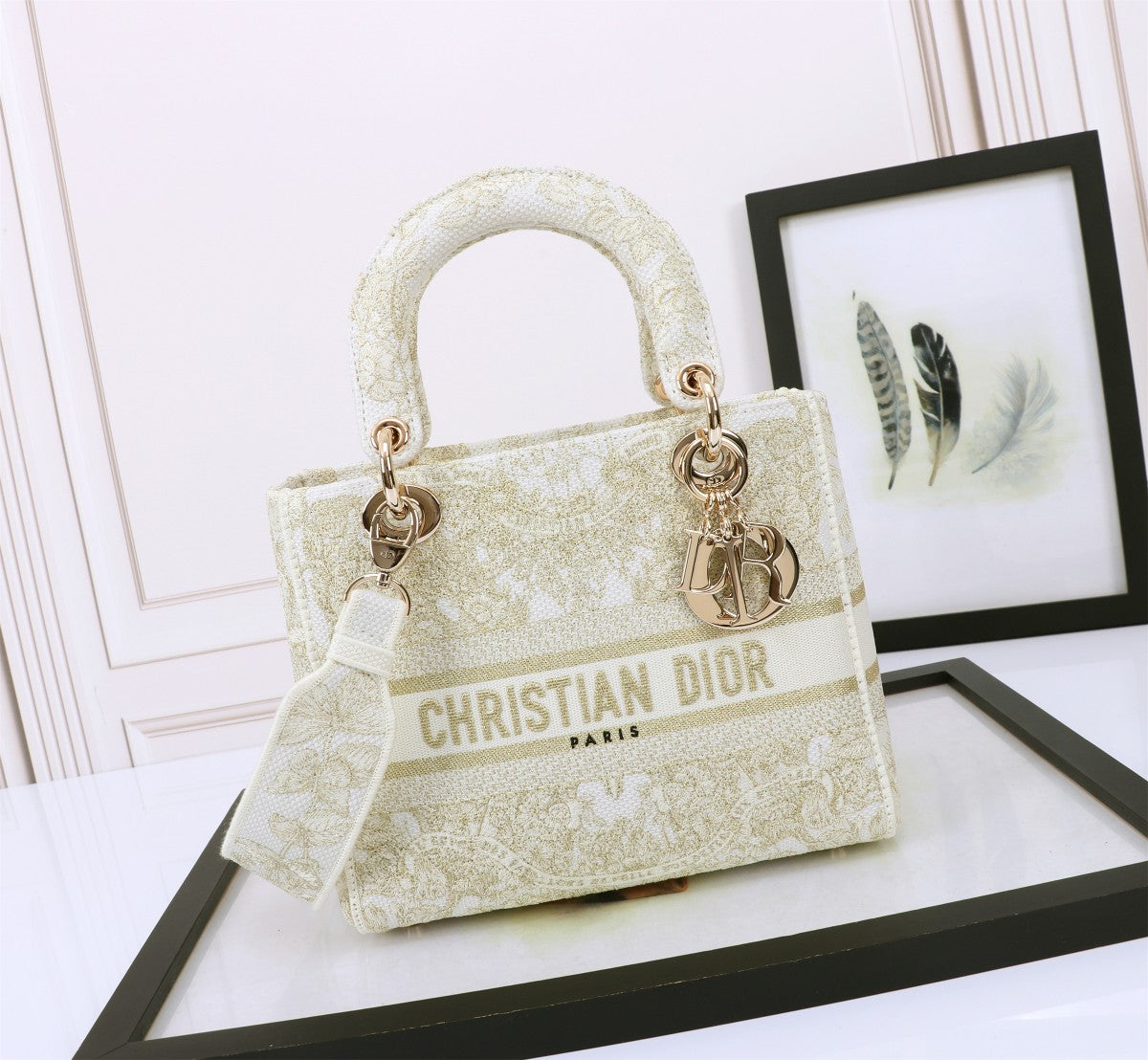 Dior Luxury Beige Floral Embroidered Canvas Satchel Bag with Gold Hardware