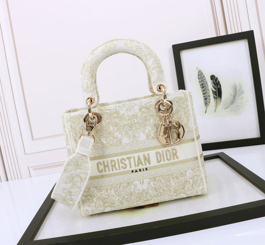 Dior Elegant Beige Embroidered Canvas Top Handle Handbag with Gold Charms