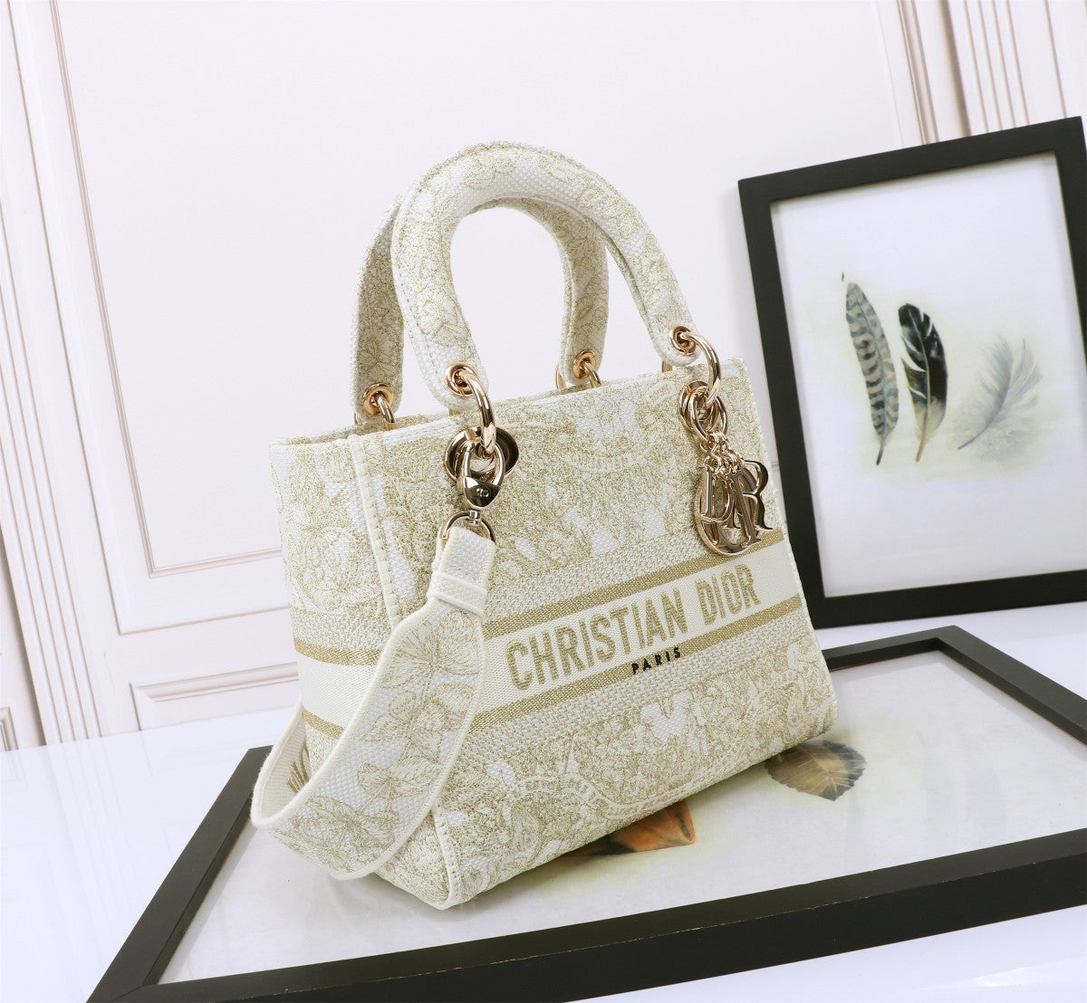 Dior Elegant Gold Floral Embroidered Canvas Handbag with Top Handle