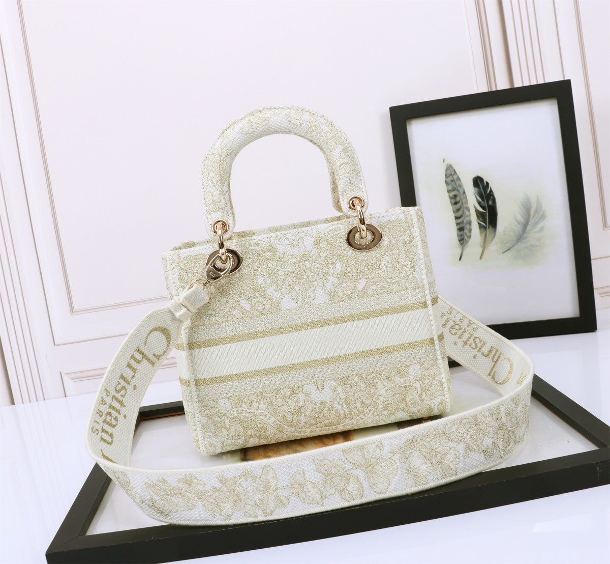 Dior Luxury Beige Floral Embroidered Canvas Satchel Bag with Gold Hardware