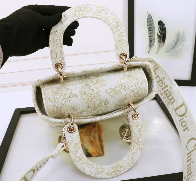 Dior Elegant Gold Floral Embroidered Canvas Handbag with Top Handle
