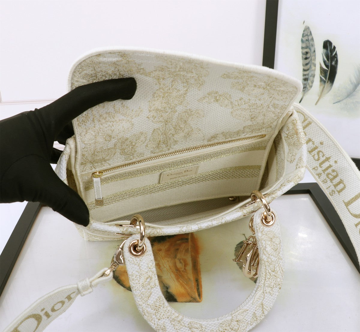 Christian Dior Medium Lady D-Lite Bag - White and Gold Floral Embroidery