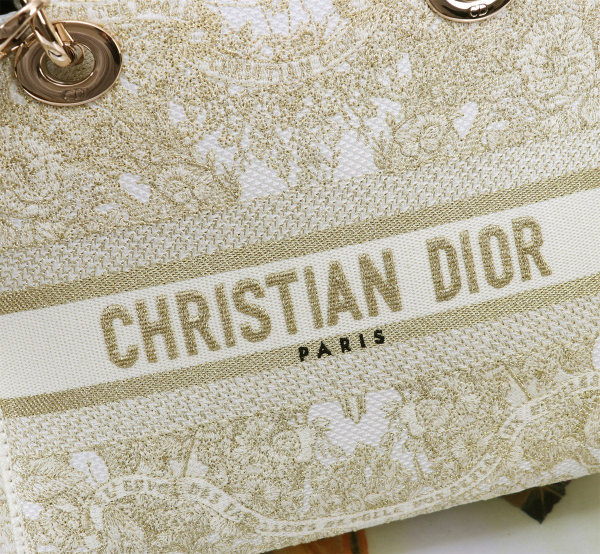 Dior Elegant Beige Embroidered Canvas Top Handle Handbag with Gold Charms