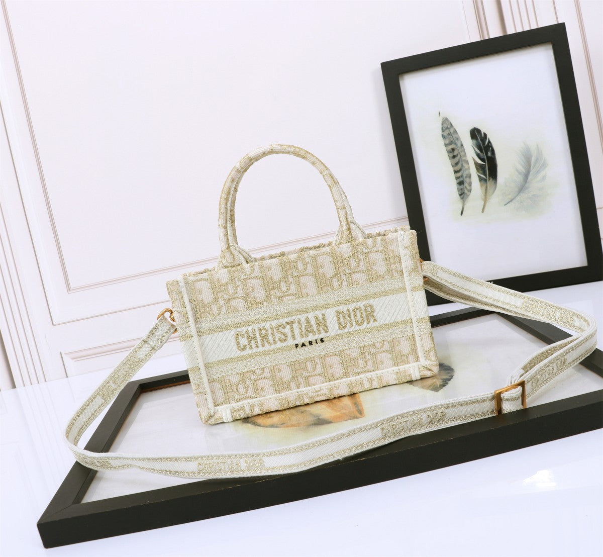Dior Beige Embroidered Canvas Mini Tote Bag with Crossbody Strap