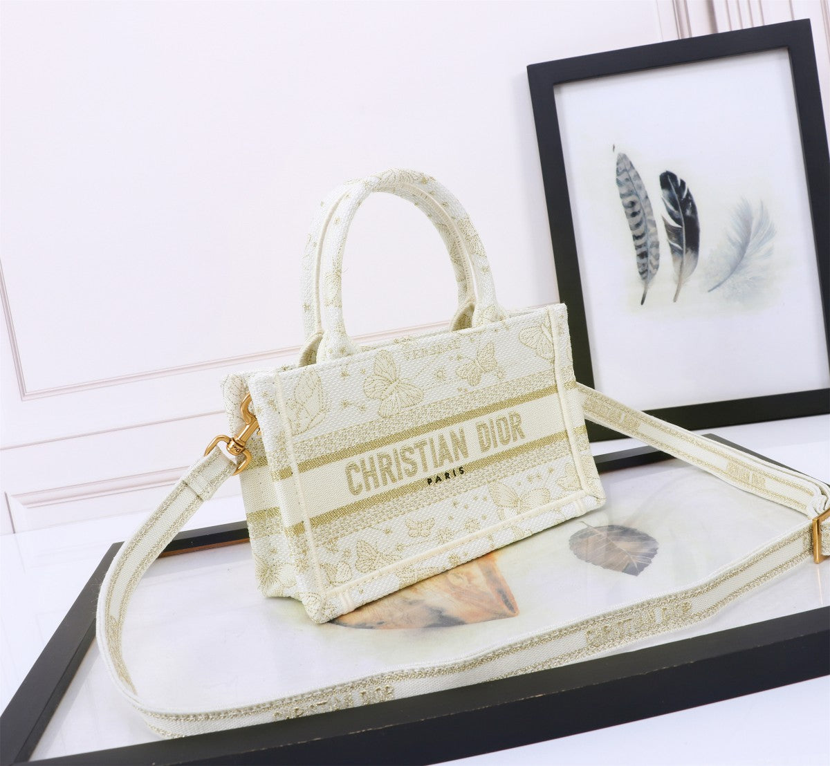 Dior Cream Embroidered Canvas Mini Tote Bag with Shoulder Strap