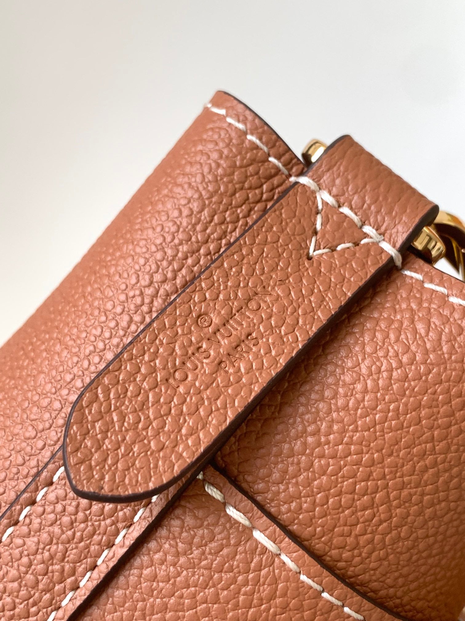 Louis Vuitton Classic Brown Leather Bucket Bag with Gold Chain Shoulder Strap