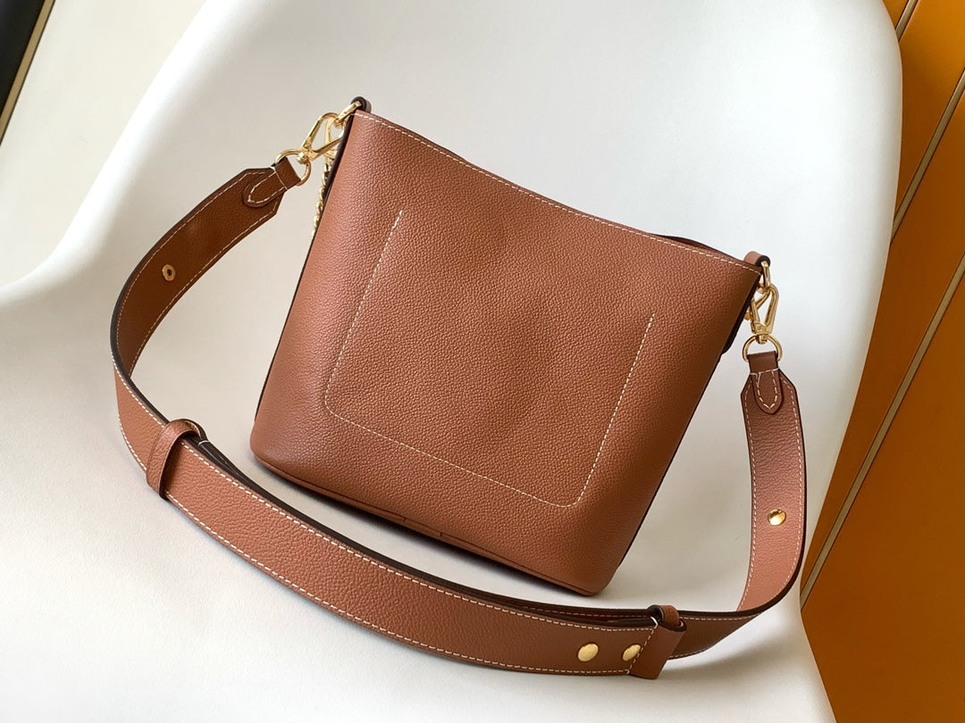 Louis Vuitton Classic Brown Leather Bucket Bag with Gold Chain Shoulder Strap