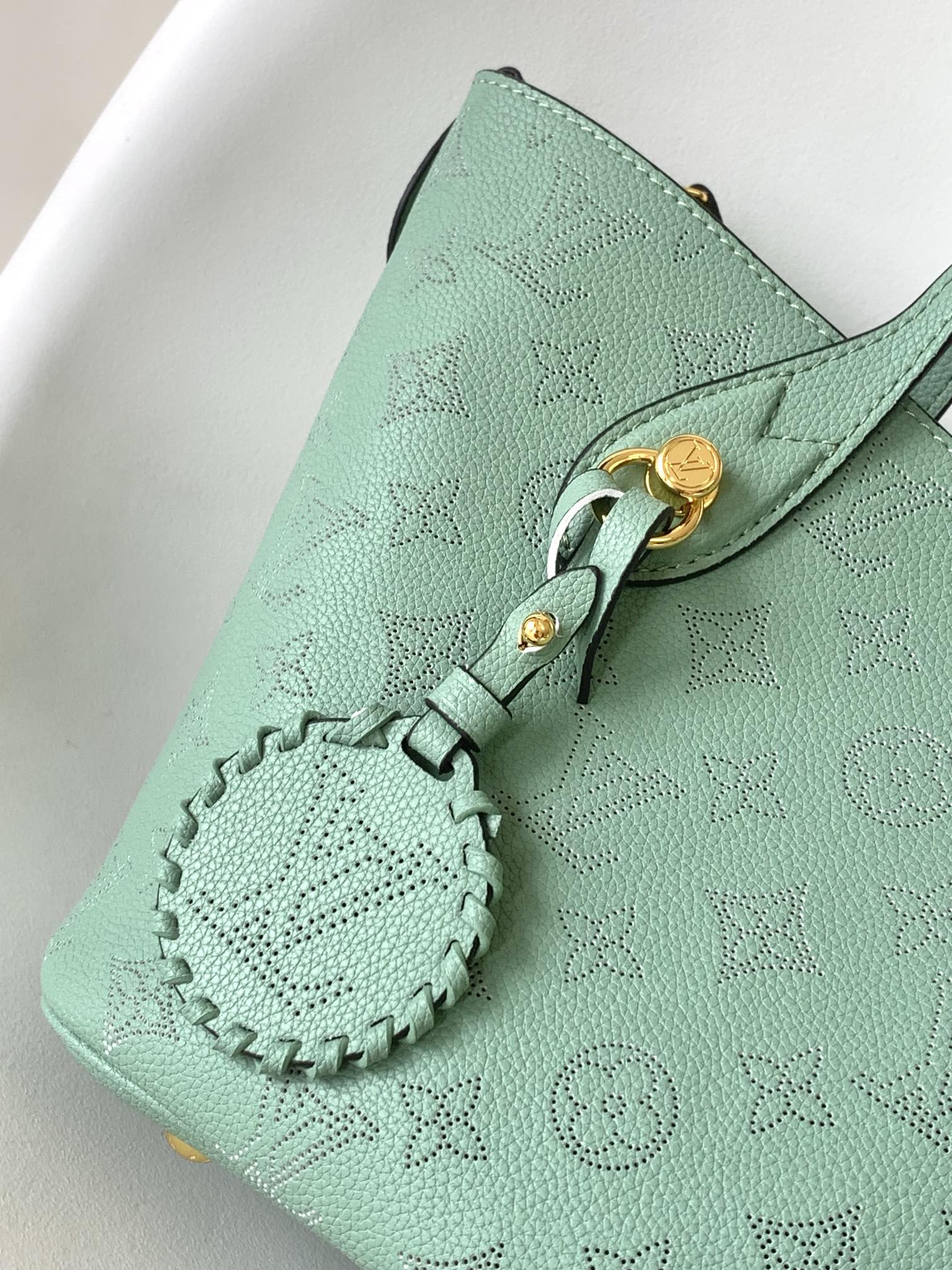 Louis Vuitton Mint Green Embossed Leather Handbag with Top Handles