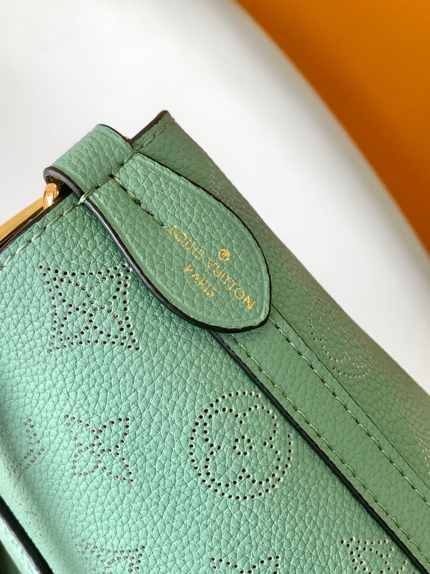 Louis Vuitton Mint Green Embossed Leather Handbag with Top Handles