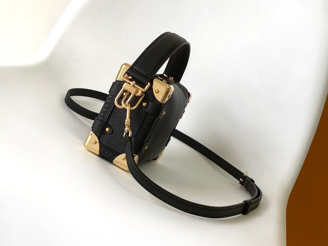 Louis Vuitton Black Textured Leather Trunk-Style Shoulder Bag with Gold Corners