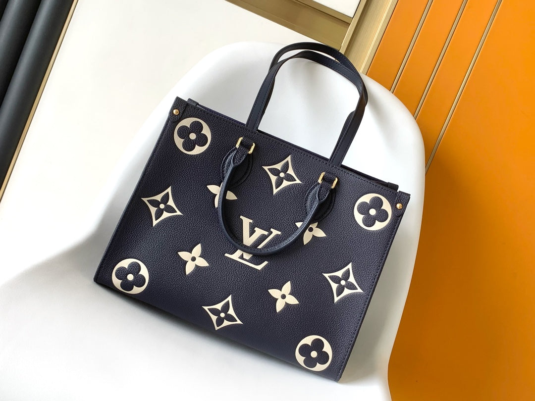 Louis Vuitton Elegant Navy Blue Leather Tote Bag with Floral Monogram Pattern