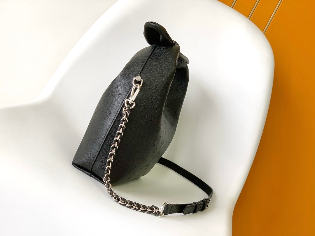 Louis Vuitton Black Embossed Hobo Handbag with Top Knot Handle and Chain Strap