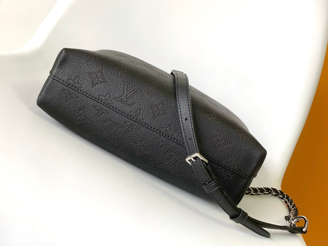 Louis Vuitton Black Embossed Hobo Handbag with Top Knot Handle and Chain Strap
