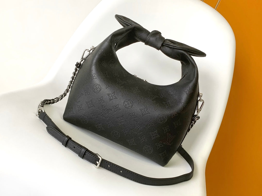 Louis Vuitton Black Embossed Hobo Handbag with Top Knot Handle and Chain Strap