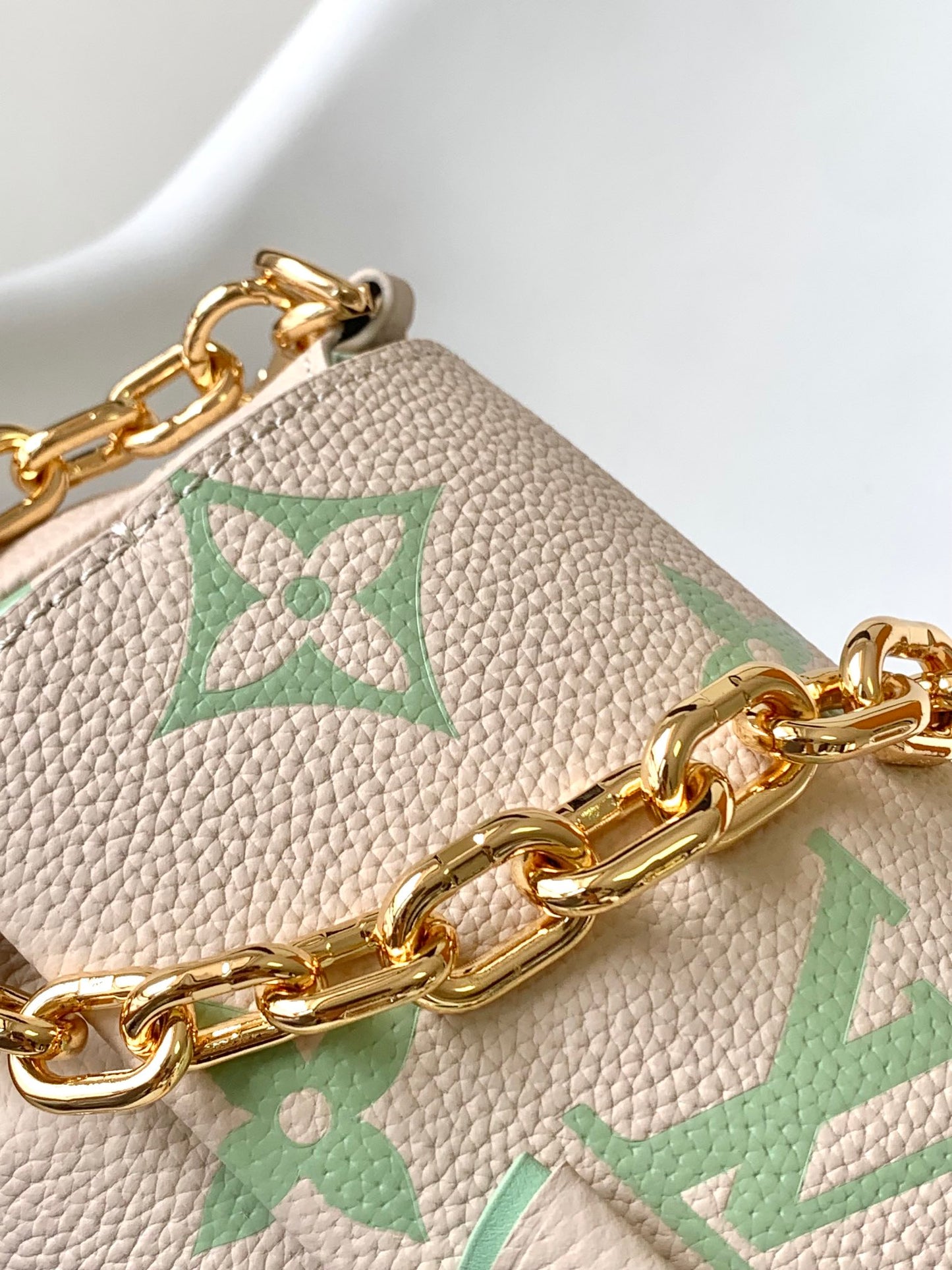 Louis Vuitton Beige and Green Monogram Shoulder Bag with Gold Chain Strap