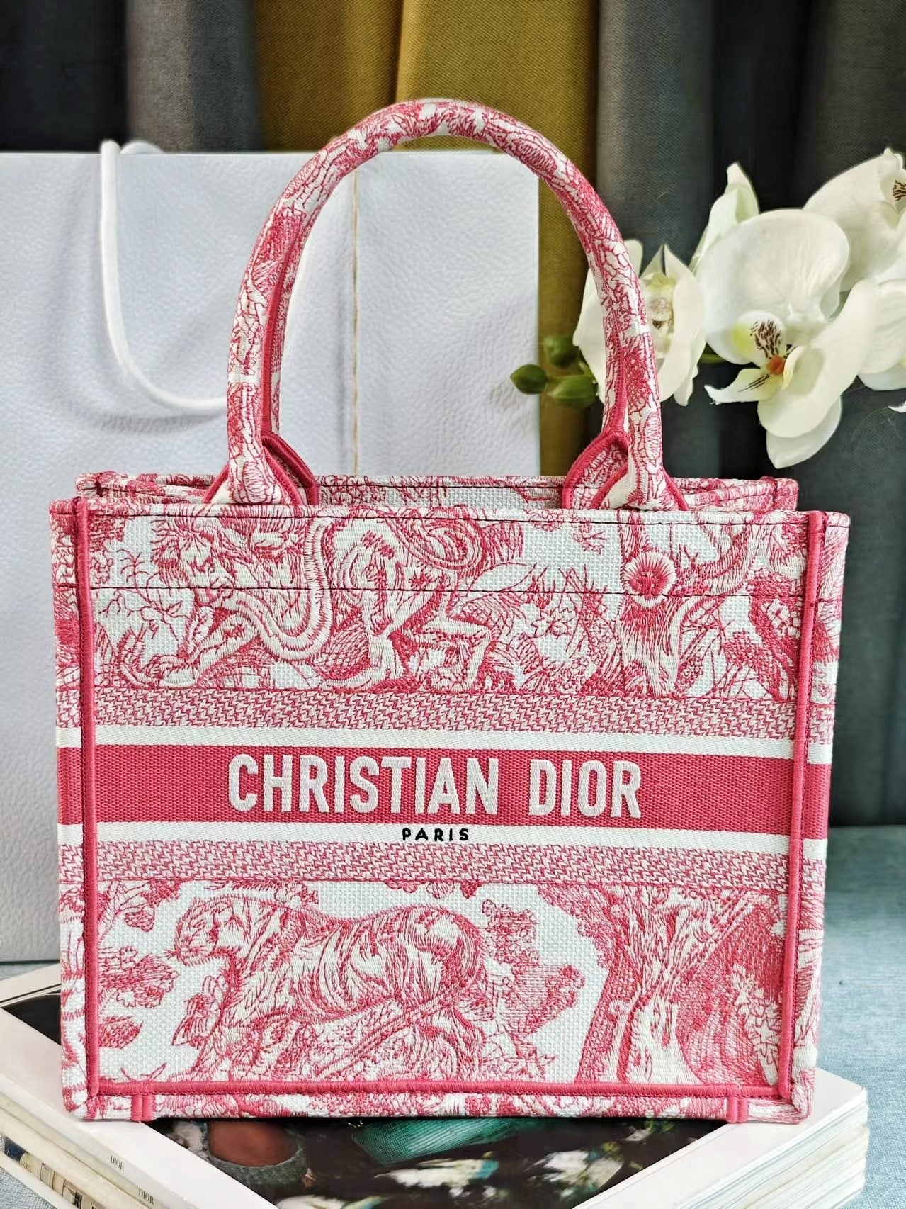 Dior Vintage Pink Toile de Jouy Canvas Tote Bag Top Handle Handbag