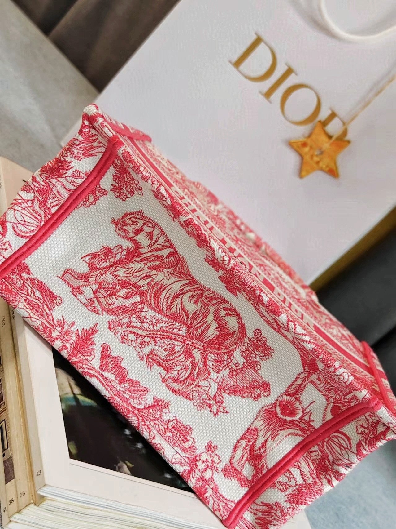 Dior Vintage Pink Toile de Jouy Canvas Tote Bag Top Handle Handbag
