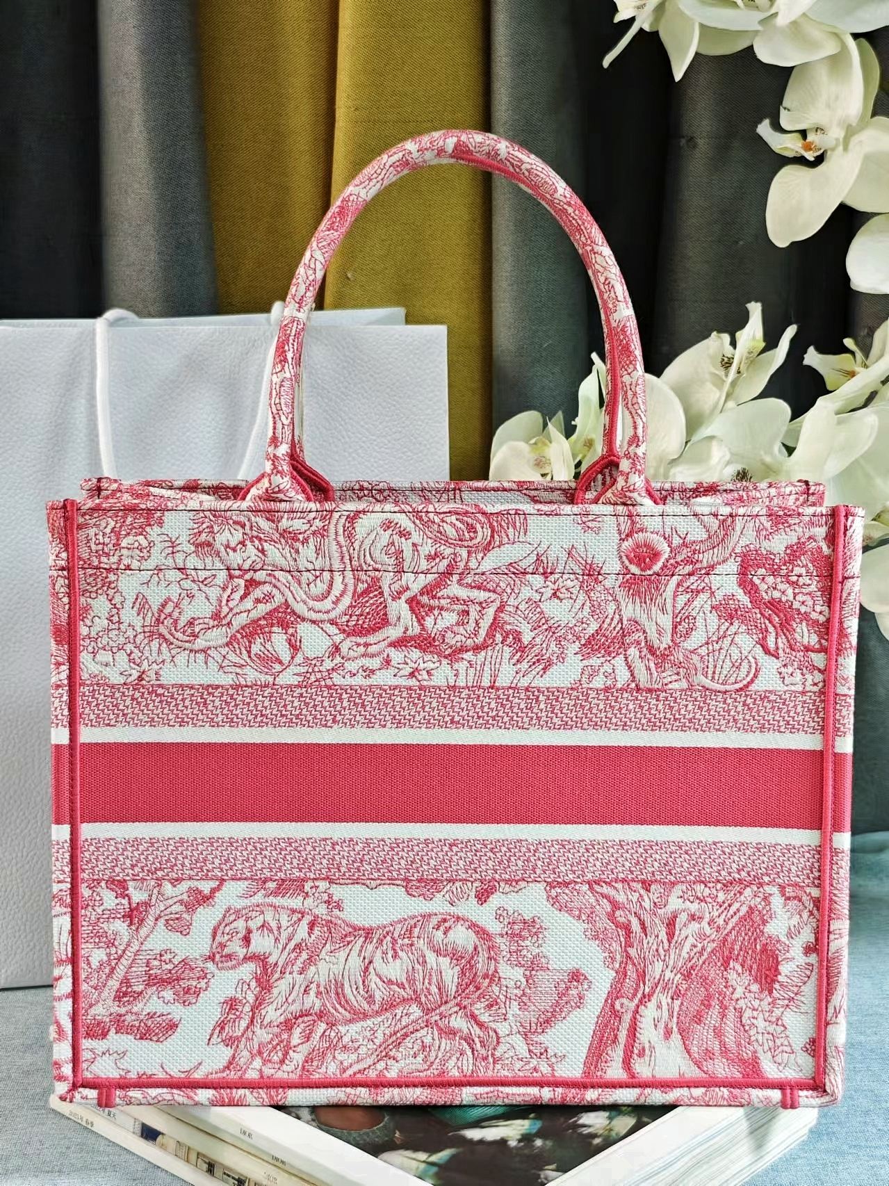 Dior Elegant Pink and White Toile de Jouy Embroidered Canvas Tote Bag
