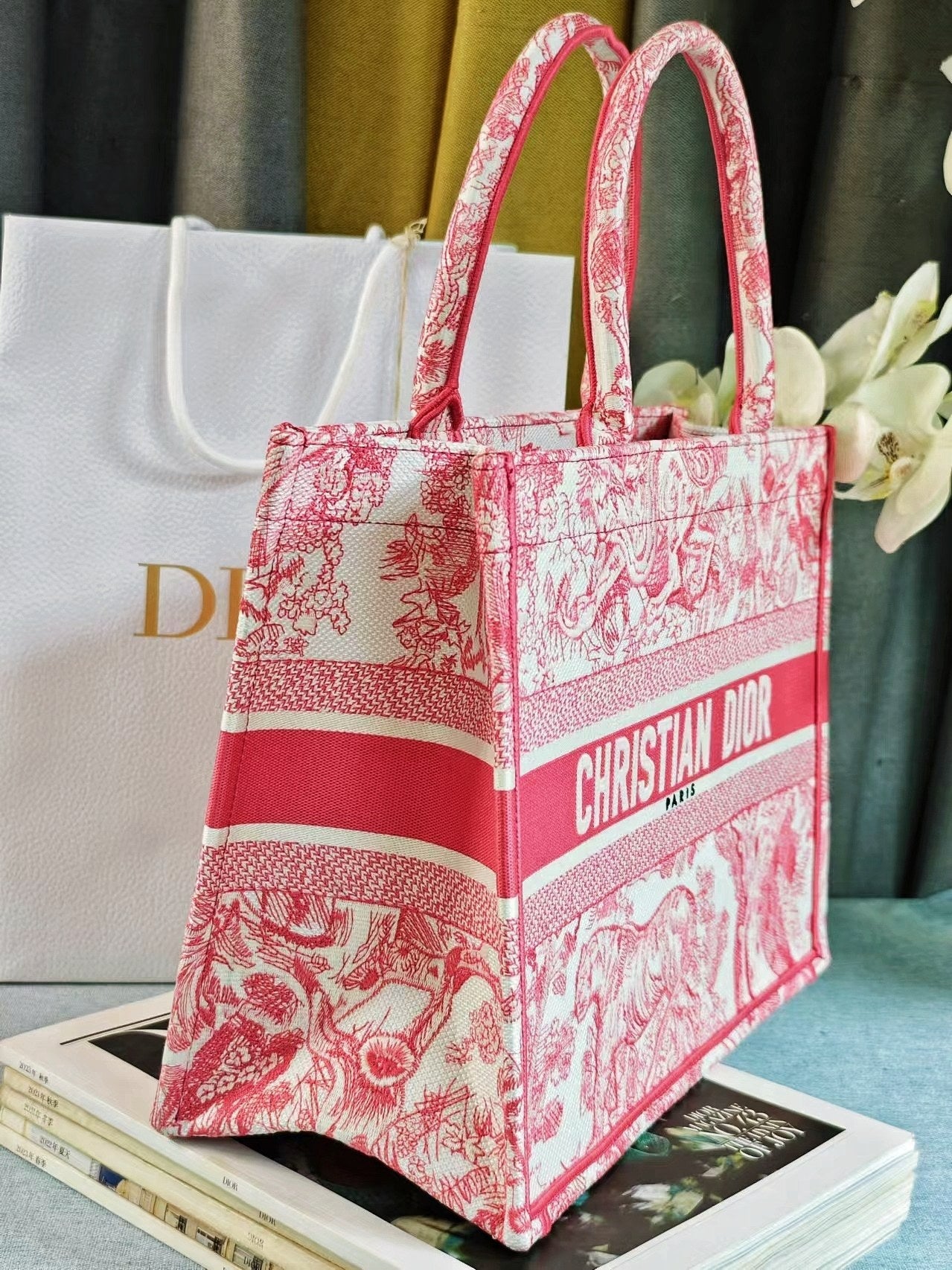 Dior Elegant Pink and White Toile de Jouy Embroidered Canvas Tote Bag