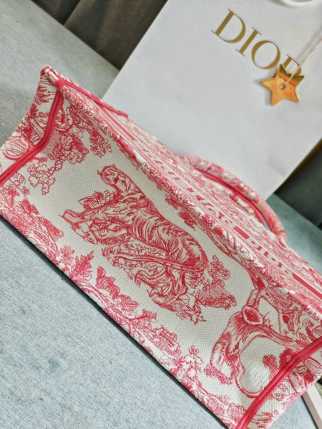Dior Elegant Pink and White Toile de Jouy Embroidered Canvas Tote Bag