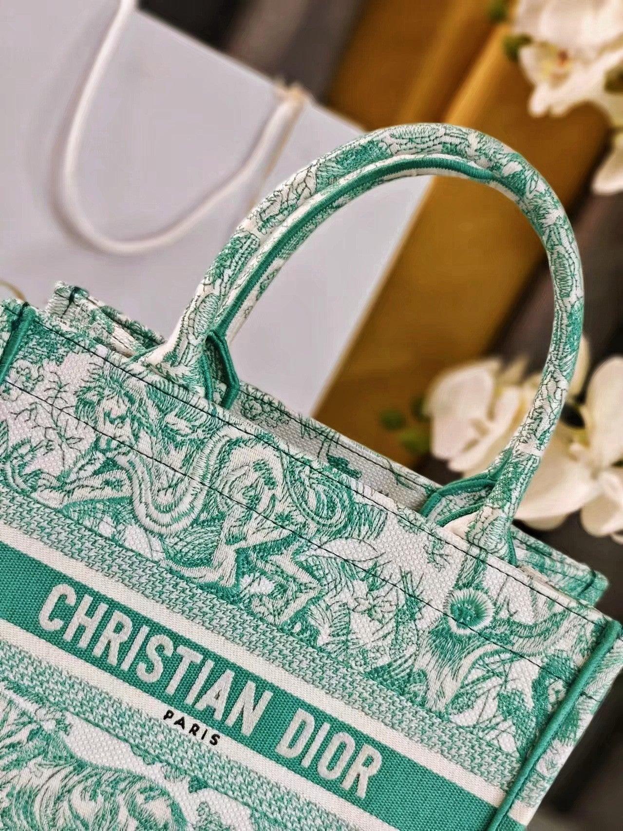 Christian Dior Mini Book Tote Bag Green Toile de Jouy Sauvage Embroidery