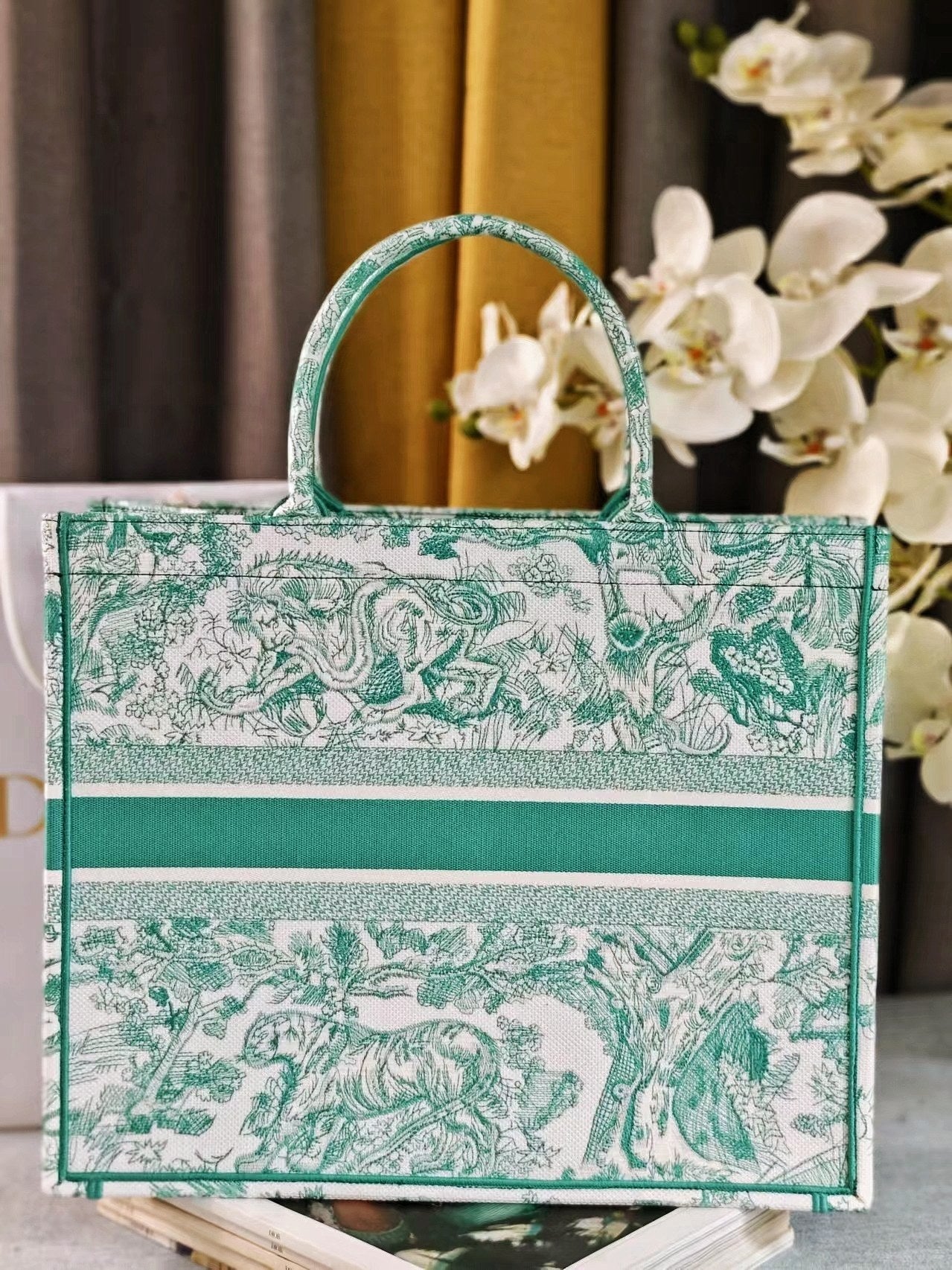 Dior Green Floral Toile de Jouy Canvas Tote Bag Top Handle Shopper