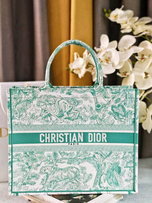 Dior Green Floral Toile de Jouy Canvas Tote Bag Top Handle Shopper