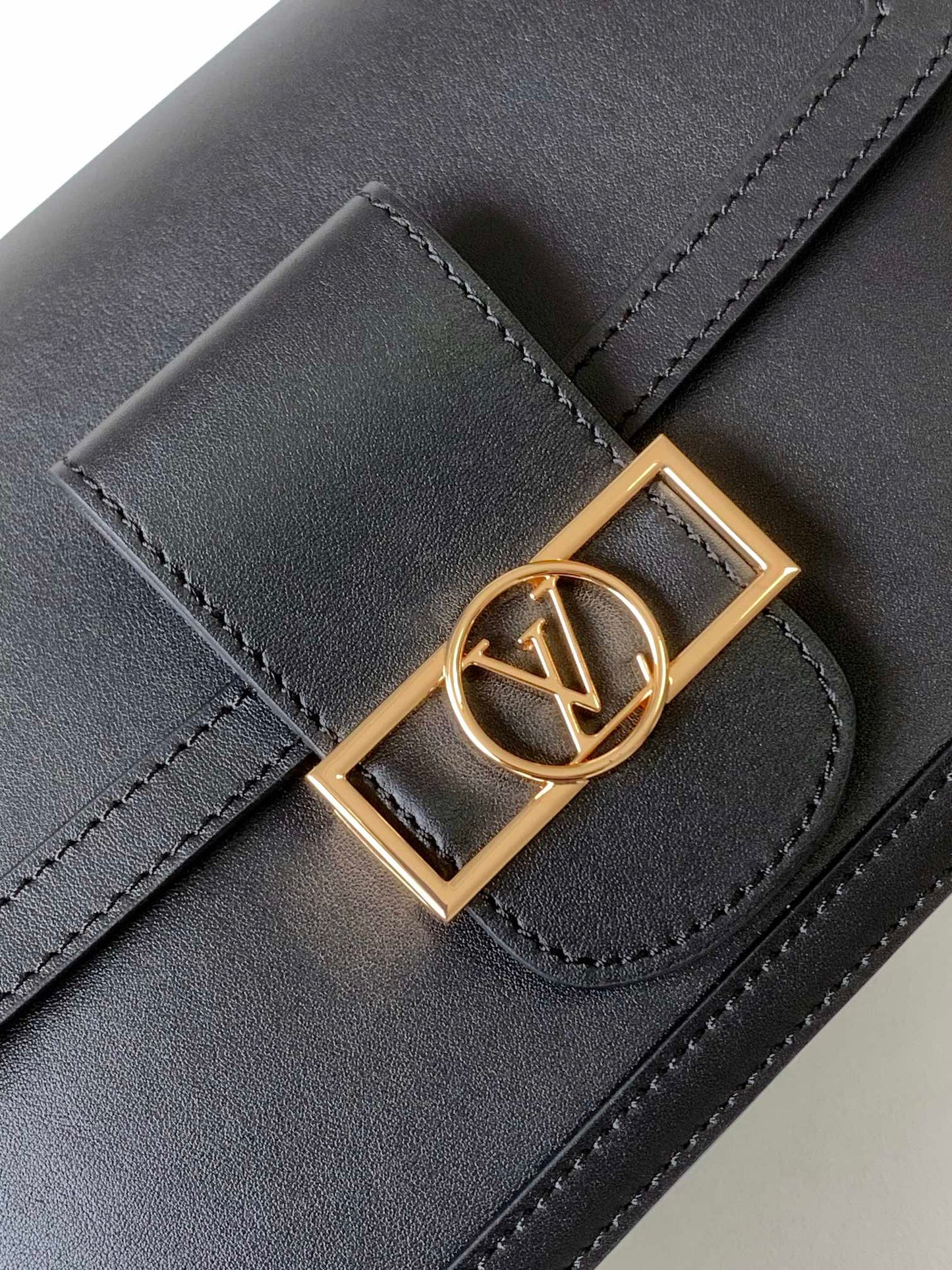 Louis Vuitton Elegant Black Faux Leather Crossbody Bag with Gold Chain Strap