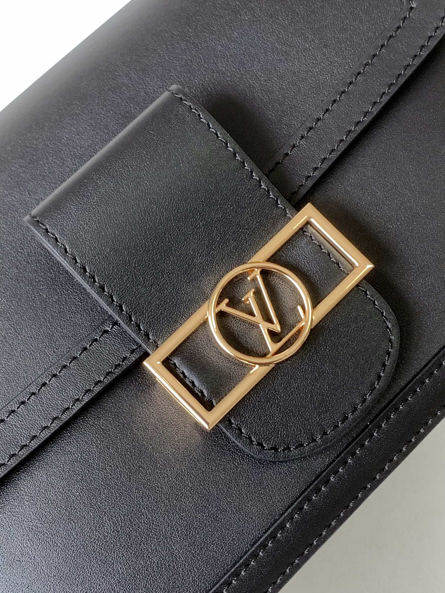 Louis Vuitton Elegant Black Faux Leather Crossbody Bag with Gold Chain Strap