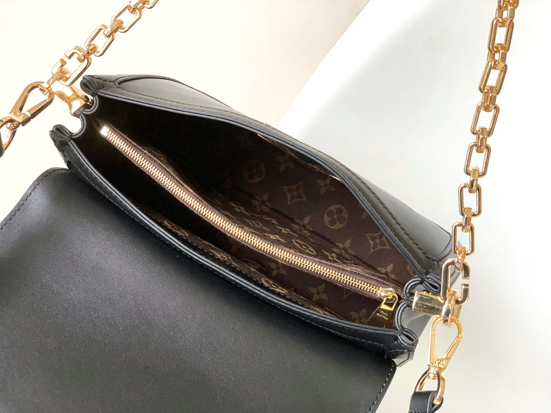 Louis Vuitton Elegant Black Faux Leather Crossbody Bag with Gold Chain Strap