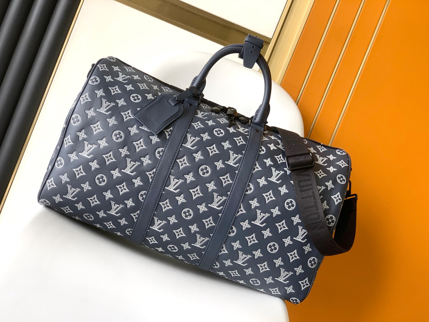 Louis Vuitton Navy Blue Monogram Canvas Travel Duffle Bag with Shoulder Strap