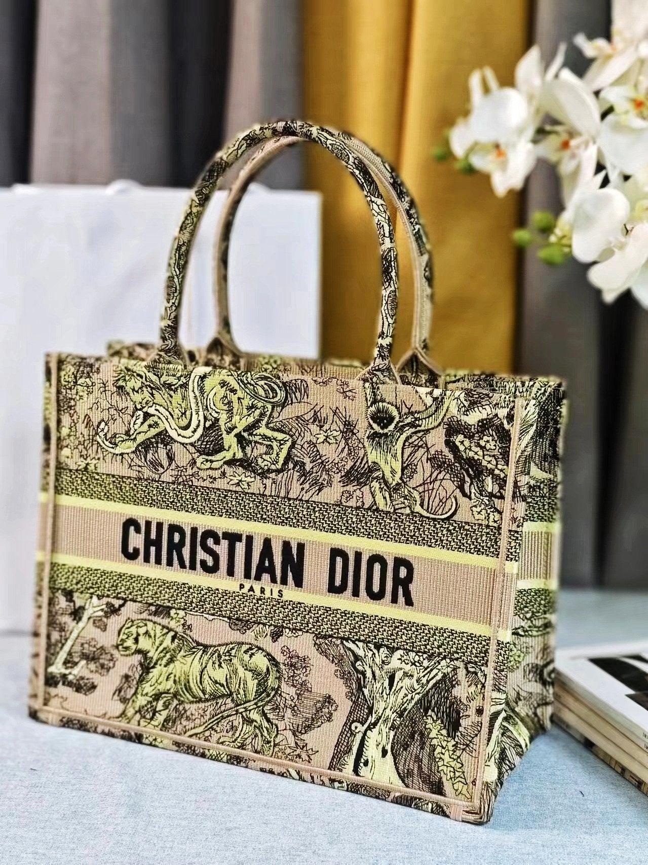 Dior Embroidered Jungle Animal Print Canvas Tote Bag with Top Handle