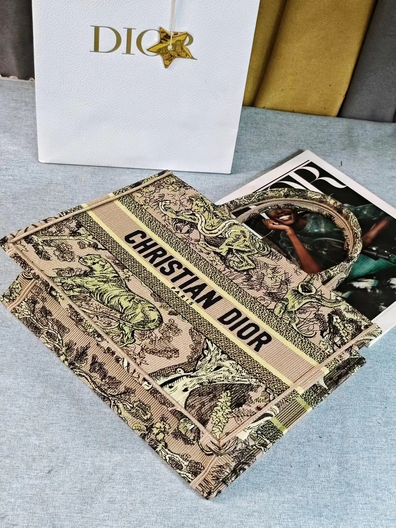 Dior Embroidered Jungle Animal Print Canvas Tote Bag with Top Handle