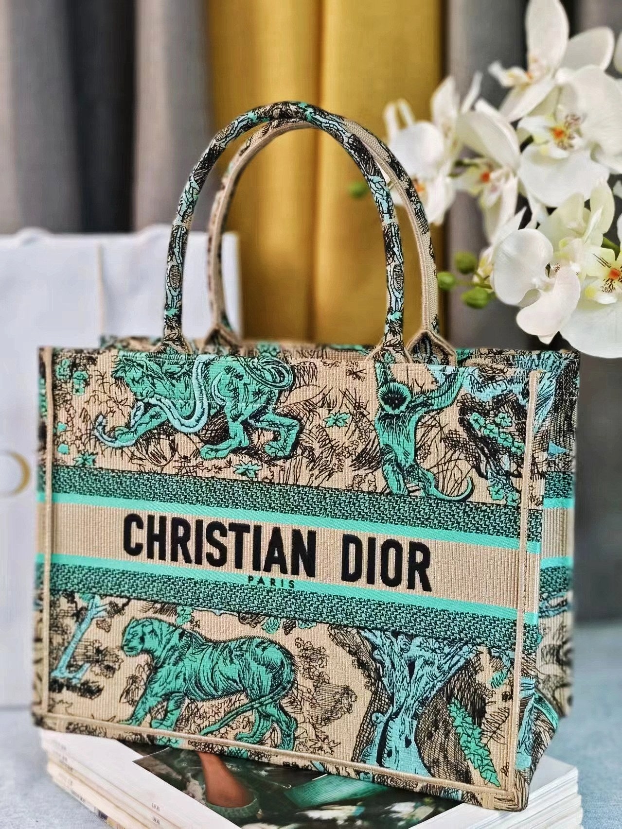 Dior Vintage Green Jungle Animal Embroidered Canvas Tote Handbag
