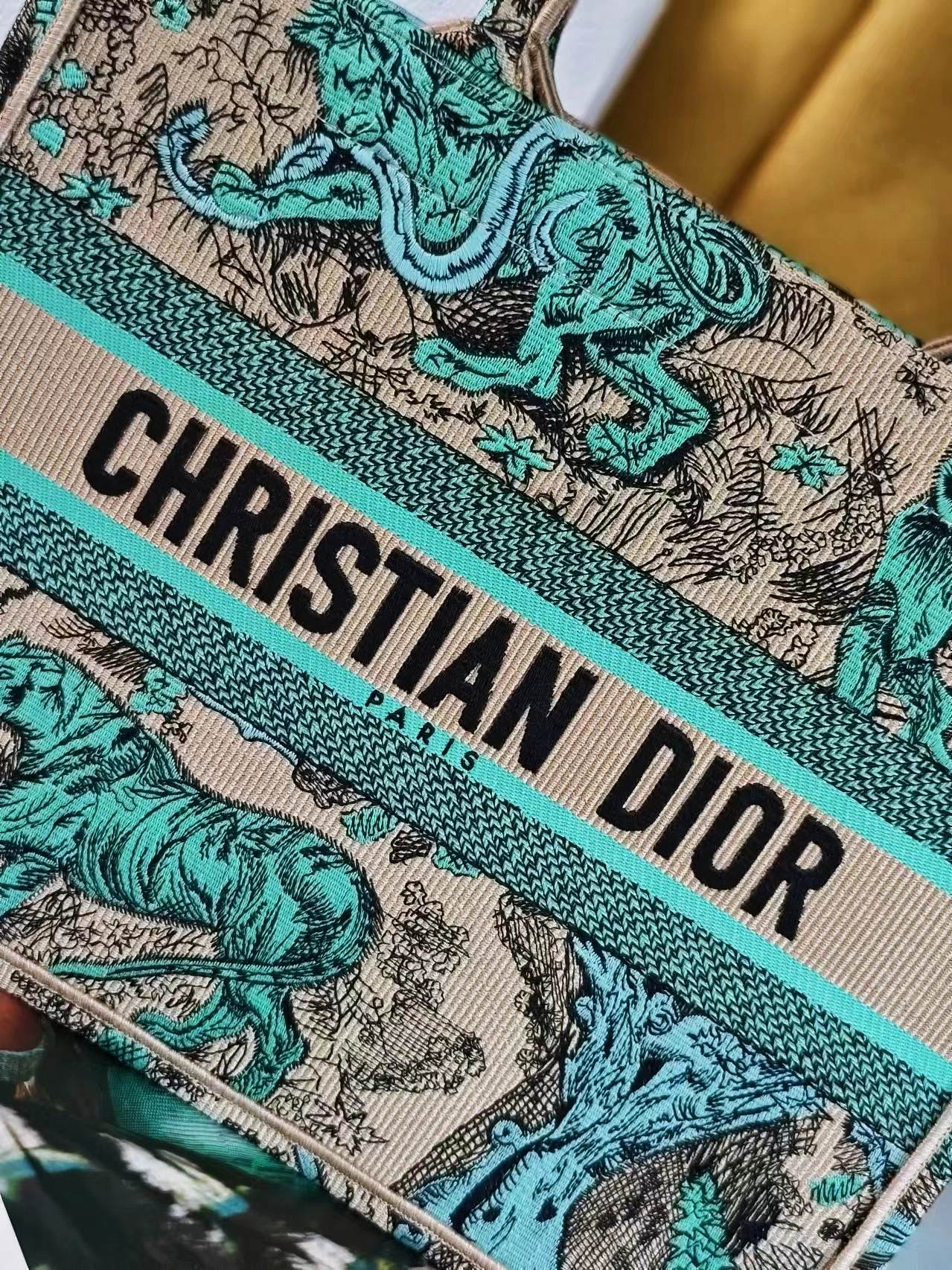 Dior Vintage Green Jungle Animal Embroidered Canvas Tote Handbag